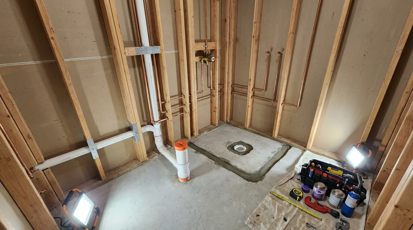 Bathroom rough-in plumbing during remodel by Johns Plumbing LLC in Iva