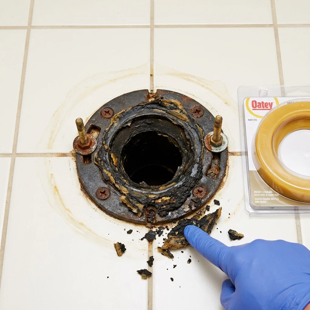 Failed wax ring showing water seepage at the base of a toilet in a Iva, SC home