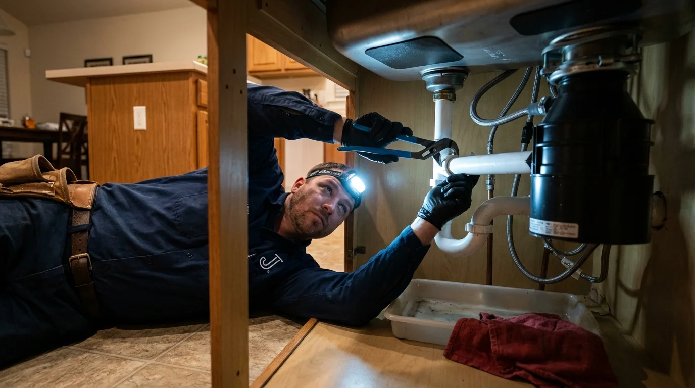 P-trap and supply line connections under a kitchen sink showing a common leak point in Iva, SC